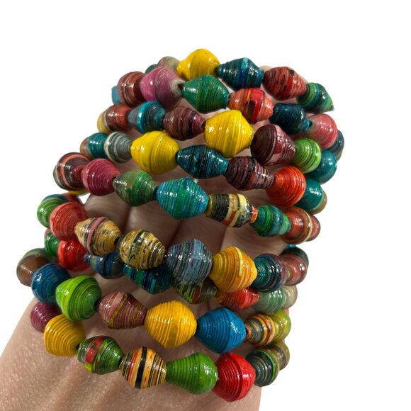 Handmade Recycled Paper Bead Coil Wrap Bracelet Rainbow Multicolor Boho - Picture 7 of 16